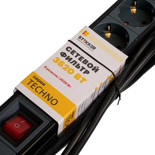 Сетевой фильтр 6-местный с/з STEKKER 3x1мм2, 1,8 м, 250В, 16А, серия Techno, HM22-61-02, черный фото 8