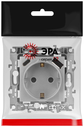 Розетка ЭРА Серия 12 12-4108-03 2P+E 16A-250В со шторками с USB type-A+C 5В-3А алюминий Б0067716 фото 3 Розетка ЭРА Серия 12 12-4108-03 2P+E 16A-250В со шторками с USB type-A+C 5В-3А алюминий Б0067716 фото 3