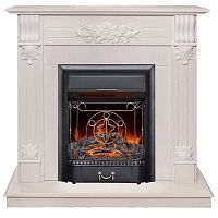 Каминокомплект OTTAWA/ПРАГА Белый фактурный с золотой патиной с очагом Электроочаг MAJESTIC LUX/МАДЖЕСТИК