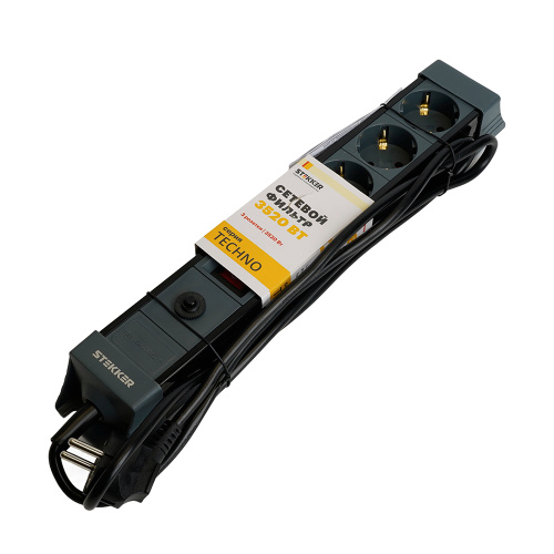 Сетевой фильтр 3-местный с/з STEKKER 3x1мм2, 1,8 м, 250В, 16А, серия Techno, HM22-31-02, черный фото 11