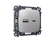 Комплект механизма розетки AMBRELLA VOLT OMEGA Сталь матовый 2USB A+C 20W 3000mA (быстрая зарядка) QUANT (OP5110, VM177) MO511010