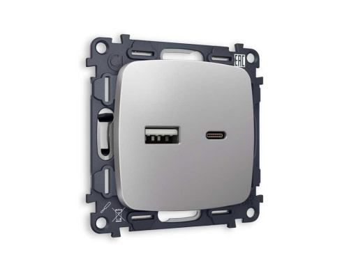 Комплект механизма розетки AMBRELLA VOLT OMEGA Сталь матовый 2USB A+C 20W 3000mA (быстрая зарядка) QUANT (OP5110, VM177) MO511010