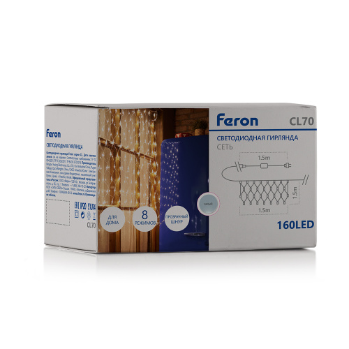 Светодиодная гирлянда Feron CL70 сеть 1,5х1,5м + 1.5м 230V 5000К, c питанием от сети, прозрачный шнур фото 5