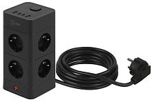 Сетевой фильтр ЭРА TWR-8es-1,5m-4USB-B башня с защитой заземлением с выключателем 8 розеток+4xUSBA+C 1,5м 16А черный Б0069072