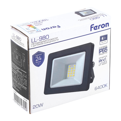 Светодиодный прожектор FERON с датчиком освещенности LL-980 IP65 20W 6400K черный фото 8