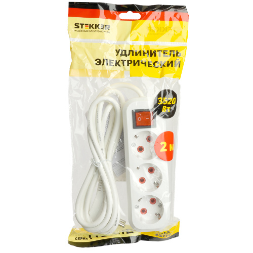 Удлинитель трехместный с/з  с выключ. STEKKER HM07-31-02 3x1мм2, 2м, серия Home (У16А-002), белый фото 10