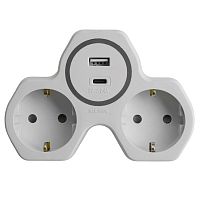 Разветвитель сетевой 2-местный с/з STEKKER ADP16-15-20, 250V, 16A и USB+Type C на 2.4А, белый/серый