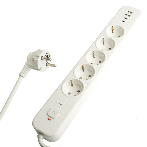 Сетевой фильтр 5-местный с/з STEKKER3x1мм2, 1,8 м, 250В, 16А, 2 USB-A+2 Type-C, серия Nova, белый