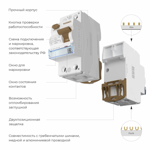 Устройство защитного отключения (УЗО) 1P+N 63 A 30 mА АС 6 kА W912P636 фото 2