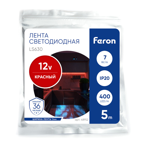 Светодиодная COB лента Feron LS630, 400SMD(2110)/ 7Вт/м 12V 5000*3*1.8мм красный, IP20 фото 3