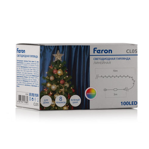 Светодиодная гирлянда Feron CL05 линейная 10м +3м 230V мультиколор,c питанием от сети, контроллером, зеленый шнур фото 2