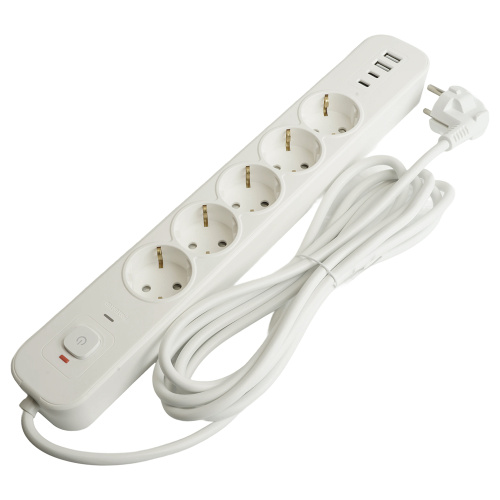 Сетевой фильтр 5-местный с/з STEKKER3x1мм2, 1,8 м, 250В, 16А, 2 USB-A+2 Type-C, серия Nova, белый фото 3