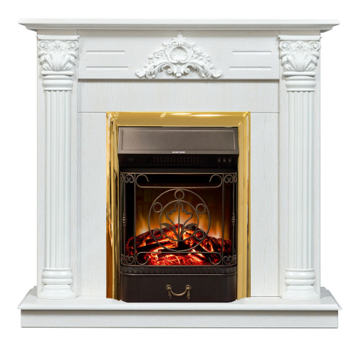 Электрокамин RealFlame Stefania WT белое золото с очагом Majestic Lux Brass