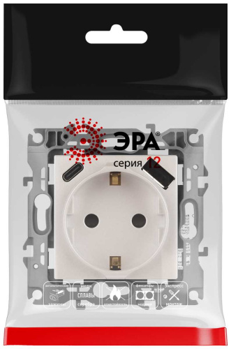 Розетка ЭРА Серия 12 12-4108-15 2P+E 16A-250В со шторками с USB type-A+C 5В-3А перламутр Б0067767 фото 6
