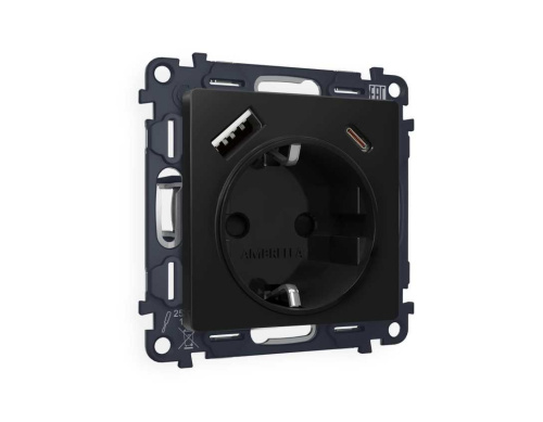 Комплект механизма электрической розетки AMBRELLA VOLT ALFA Черный матовый 2USB A+C 20W (быстрая зарядка) с/з QUANT (AP8100, VM160) MA810010