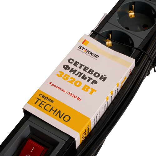 Сетевой фильтр 4-местный с/з STEKKER 3x1мм2, 5 м, 250В, 16А, серия Techno, HM22-41-05, черный фото 9