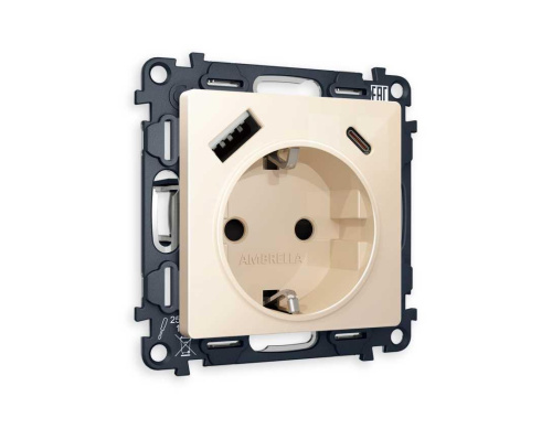 Комплект механизма электрической розетки AMBRELLA VOLT ALFA Бежевый глянец 2USB A+C 20W (быстрая зарядка) с/з QUANT (AP3100, VM160) MA310010