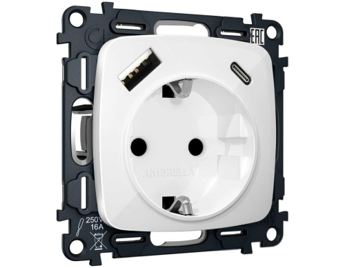 Комплект механизма электрической розетки Ambrella Volt OMEGA Белый глянец 2USB A+C 20W (быстрая зарядка) с/з QUANT (OP1100, VM160) MO110010
