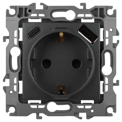 Розетка ЭРА Серия 12 12-4108-12 2P+E 16A-250В со шторками с USB type-A+C 5В-3А графит Б0067700 Розетка ЭРА Серия 12 12-4108-12 2P+E 16A-250В со шторками с USB type-A+C 5В-3А графит Б0067700