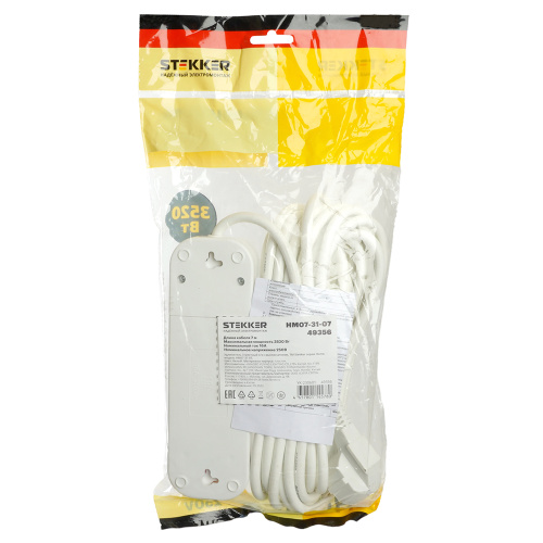 Удлинитель трехместный с/з  с выключ. STEKKER HM07-31-07 3x1мм2, 7м, серия Home (У16А-002), белый фото 10
