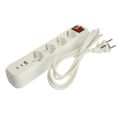 Удлинитель 4-местный с/з с выключ. STEKKER HM071-41-02 3x1мм2, 2м, 250В, 16А, 1USB+2C, 2.4A, сер Home, белый фото 2