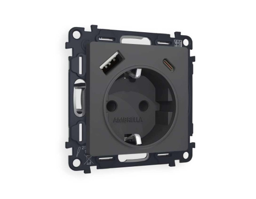 Комплект механизма электрической розетки AMBRELLA VOLT ALFA Графит мягкое касание 2USB A+C 20W (быстрая зарядка) с/з QUANT (AP9100, VM160) MA910010