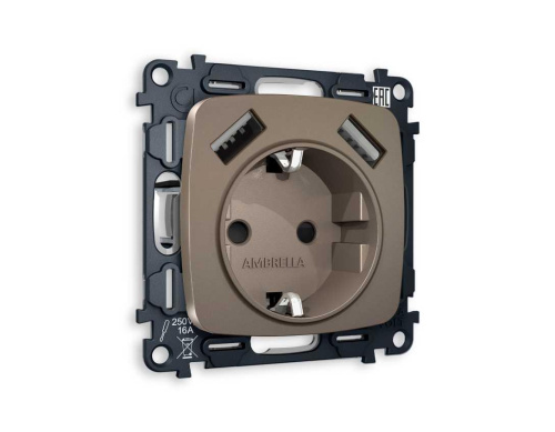 Комплект механизма электрической розетки AMBRELLA VOLT OMEGA Темная бронза матовый 2USB A+A 18W (быстрая зарядка) с/з QUANT (OP6390, VM155) MO639010