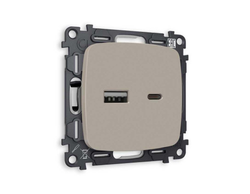 Комплект механизма розетки AMBRELLA VOLT OMEGA Серо-бежевый матовый 2USB A+C 20W (быстрая зарядка) QUANT (OP3710, VM177) MO371010