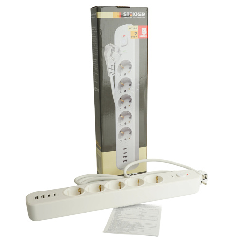 Сетевой фильтр 5-местный с/з STEKKER3x1мм2, 1,8 м, 250В, 16А, 2 USB-A+2 Type-C, серия Nova, белый фото 8