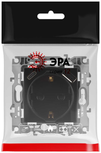 Розетка ЭРА Серия 12 12-4108-06 2P+E 16A-250В со шторками с USB type-A+C 5В-3А чёрный Б0067746 фото 4