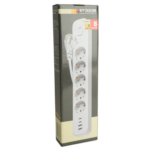 Сетевой фильтр 5-местный с/з STEKKER3x1мм2, 1,8 м, 250В, 16А, 2 USB-A+2 Type-C, серия Nova, белый фото 9