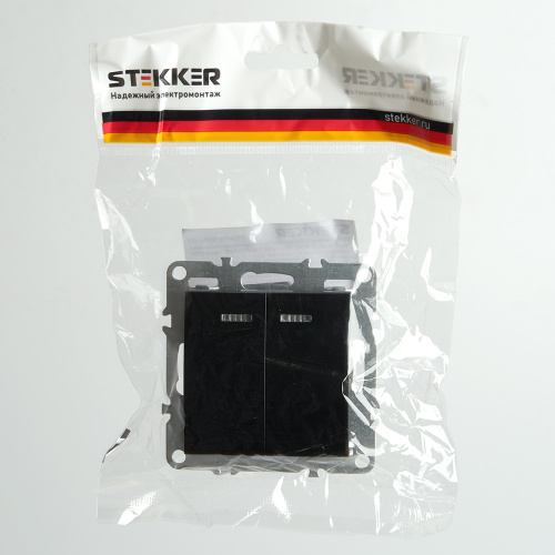 Выключатель 2-клавишный с индикатором (механизм), STEKKER, PSW10-9102-03, 250В, 10А, серия Эрна, черный фото 4