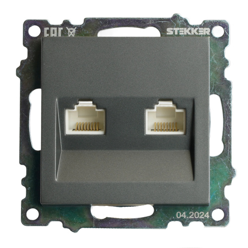 Розетка компьютерная 2-местная RJ-45 (механизм) STEKKER GLS00-7109-06 , серия Катрин, графит фото 6