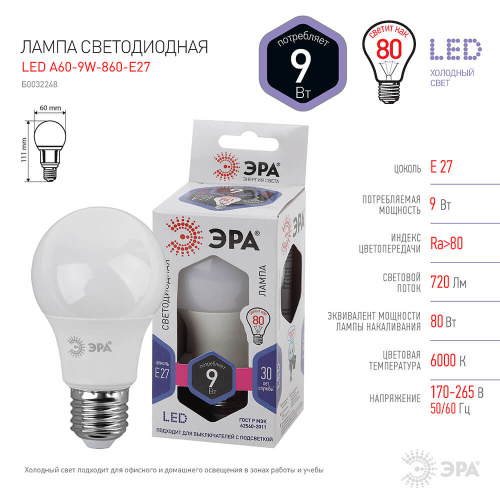 Лампа светодиодная ЭРА E27 9W 6500K матовая A60-9W-860-E27 Б0032248 фото 4