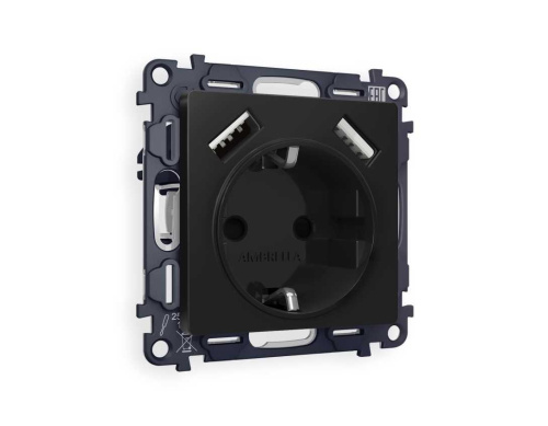 Комплект механизма электрической розетки AMBRELLA VOLT ALFA Черный матовый 2USB A+A 18W (быстрая зарядка) с/з QUANT (AP8090, VM155) MA809010