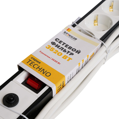 Сетевой фильтр 3-местный с/з STEKKER 3x1мм2, 5 м, 250В, 16А, серия Techno, HM22-31-05, белый фото 8