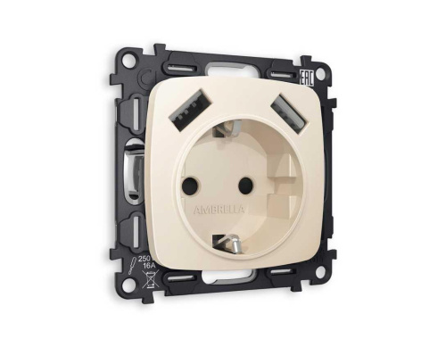 Комплект механизма электрической розетки AMBRELLA VOLT OMEGA Бежевый матовый 2USB A+A 18W (быстрая зарядка) с/з QUANT (OP3290, VM155) MO329010