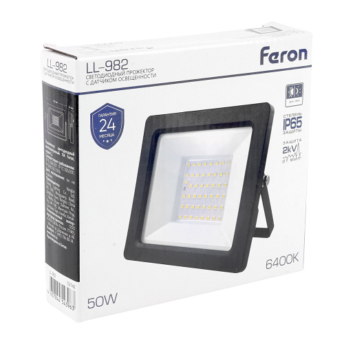 Светодиодный прожектор FERON с датчиком освещенности LL-982 IP65 50W 6400K черный фото 7