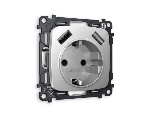 Комплект механизма электрической розетки AMBRELLA VOLT OMEGA Серебро глянец 2USB A+A 18W (быстрая зарядка) с/з QUANT (OP4090, VM155) MO409010
