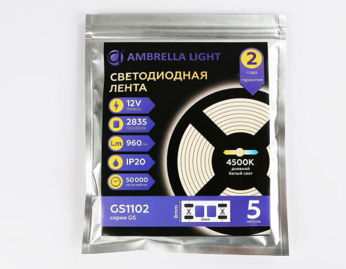 Светодиодная лента Ambrella Light 9,6W/m 120LED/m 2835SMD дневной белый 5M GS1102 фото 6