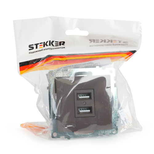 Розетка USB 2-местная (механизм), STEKKER GLS10-7115-04, 250B, 2,1А, серия Катрин, шоколад фото 4