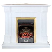 Электрокамин RealFlame Andrea Corner WT фактурный белый с очагом Majestic Lux Brass