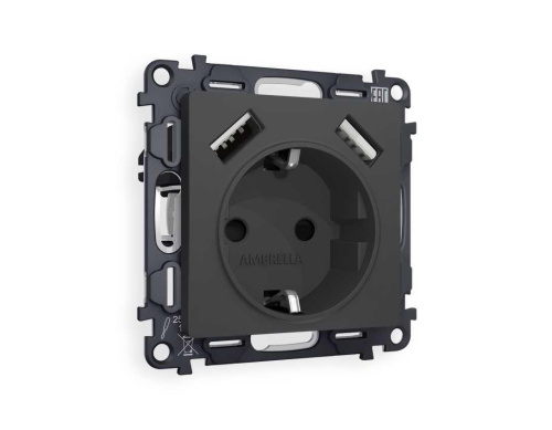 Комплект механизма электрической розетки AMBRELLA VOLT ALFA Графит мягкое касание 2USB A+A 18W (быстрая зарядка) с/з QUANT (AP9090, VM155) MA909010