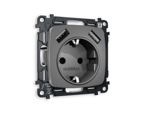 Комплект механизма электрической розетки AMBRELLA VOLT OMEGA Антрацит серый 2USB A+A 18W (быстрая зарядка) с/з QUANT (OP6590, VM155) MO659010