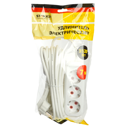 Удлинитель трехместный с/з  STEKKER HM06-31-07 3x1мм2, 7м, серия Home (У10-002), белый фото 8