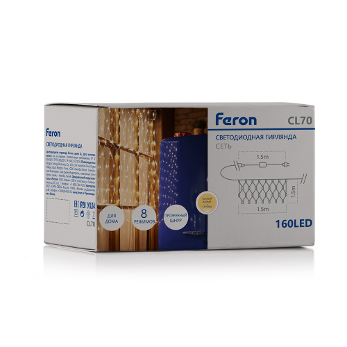 Светодиодная гирлянда Feron CL70 сеть 1,5х1,5м + 1.5м 230V 2700К, c питанием от сети, прозрачный шнур фото 5