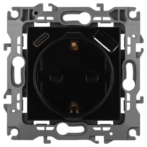 Розетка ЭРА Серия 12 12-4108-06 2P+E 16A-250В со шторками с USB type-A+C 5В-3А чёрный Б0067746