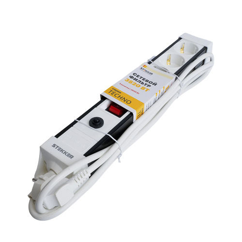 Сетевой фильтр 3-местный с/з STEKKER 3x1мм2, 5 м, 250В, 16А, серия Techno, HM22-31-05, белый фото 9