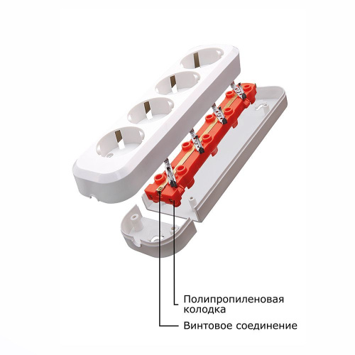 Розетка (колодка) переносная разборная 4-местная с/з STEKKER, PST16-410-20, 250В, 16A, IP20, белый фото 3