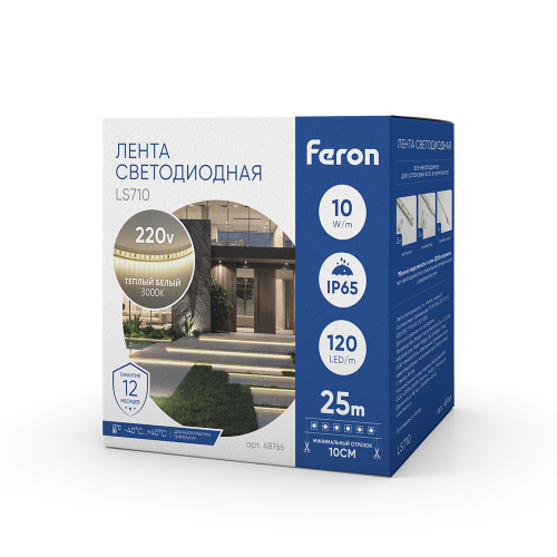 Светодиодная LED лента Feron LS710, 120SMD(2835)/м 10Вт/м 220V длина 25м, 3000K, IP65, с 1 сетевым шнуром, 2 заглушками, 2 коннекторами в комплекте фото 7